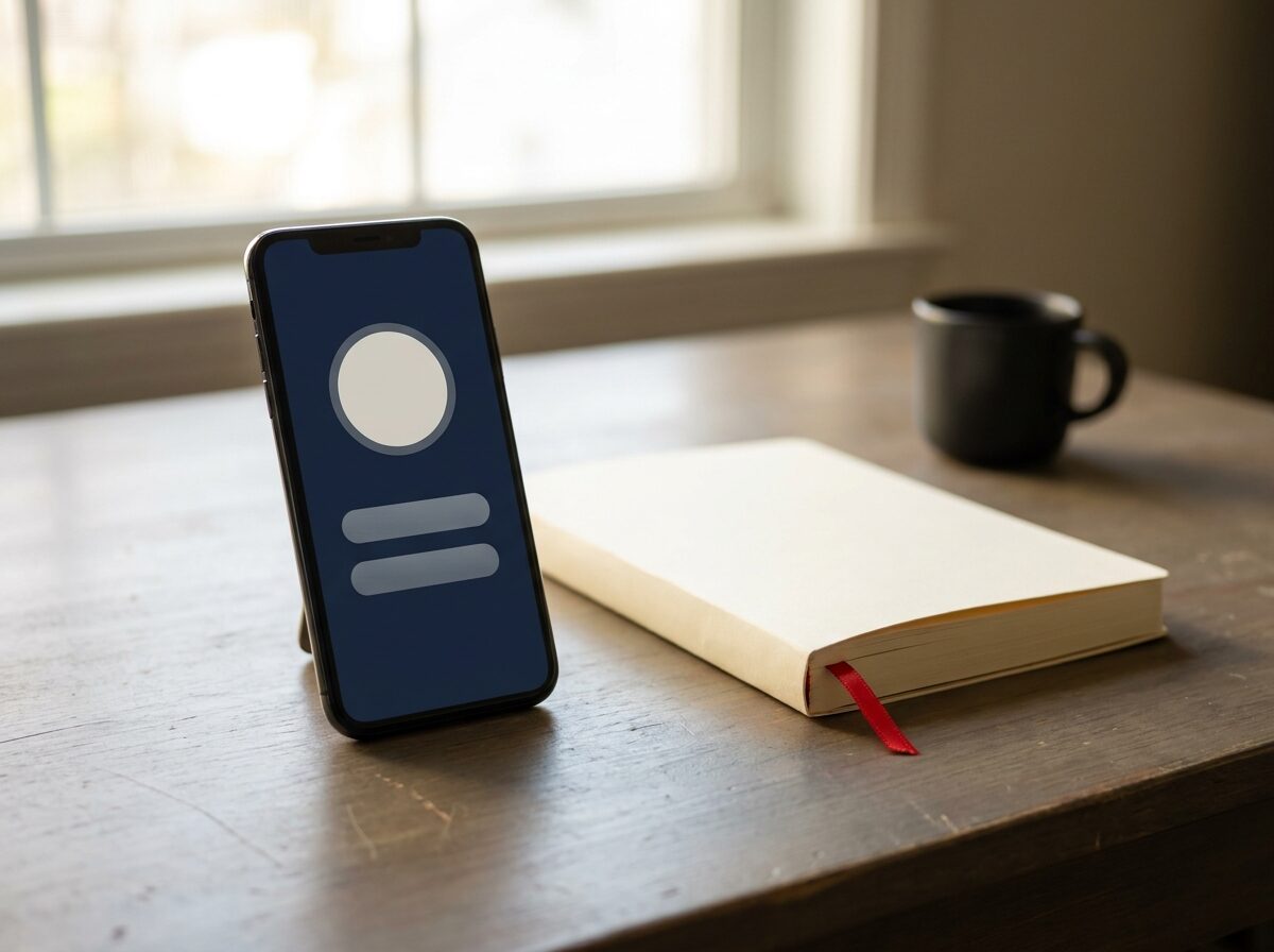 One phone propped on a tidy desk, its screen showing a single clear action, beside a closed notebook with a red ribbon bookmark.