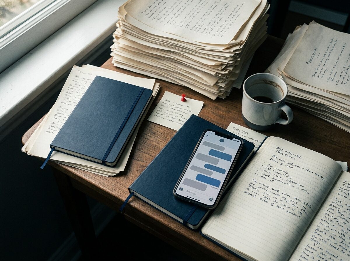 A desk piled with stacks of handwritten pages, two navy notebooks, a mug of coffee, a note held by a red pushpin, and a phone showing a stack of chat bubbles.