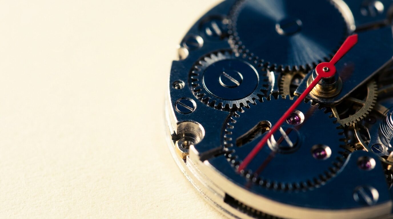 Close-up of a navy watch movement — brass gears, jewel bearings and a red second hand — on an ivory ground.