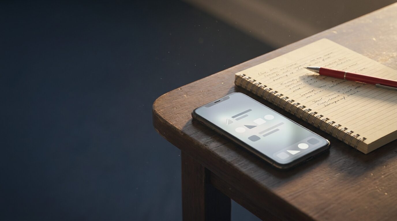 A phone running a simple app lies on a wooden desk beside a spiral notebook of handwritten notes and a red pen.