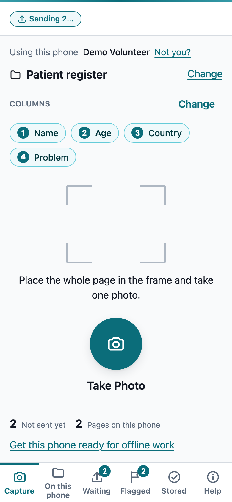 Clinic register capture screen: photo framing guide, column chips, and counters for pages saved on this phone.