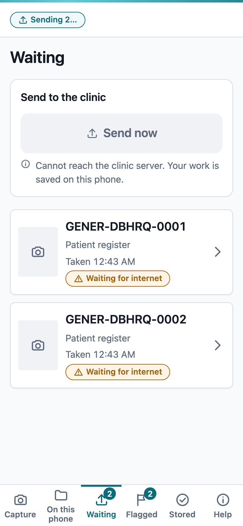 Clinic app queue screen: captured register pages saved on the phone, waiting for internet.
