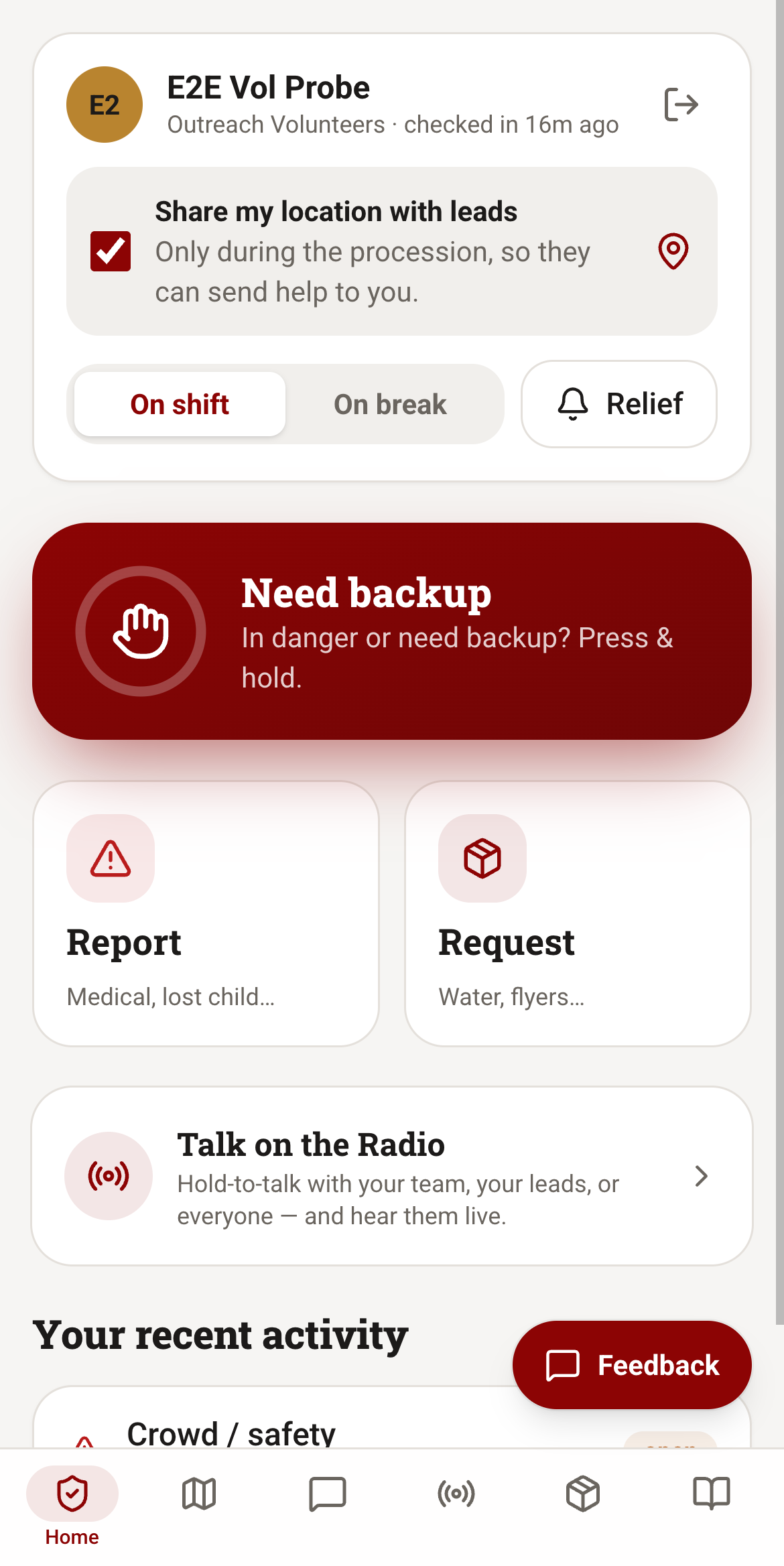 Volunteer console home: identity card, share-location toggle, a press-and-hold backup button, and the radio.